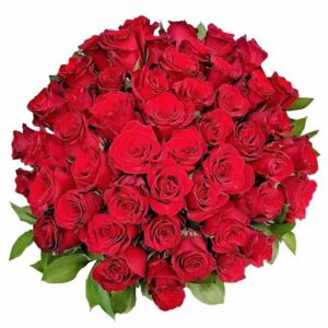 Red* roses wrapped in matt effect paper with a bow